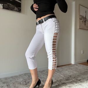 Y2K White Cut Out Capri Jeans Low Rise Skinny Streetwear Preppy Pants